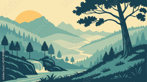 Cinematic Sunset Landscape – Vibrant Digital Art with Lone Tree, Rolling Hills, and Distant Mountains