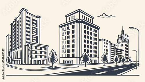 Detailed black and white cityscape vector illustration showing modern and classic buildings, a street with trees, and a lamppost in perspective.
