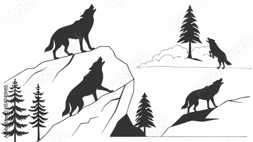 Majestic Howling Wolves Silhouette Vector Illustration Set on Rocky Mountains and Pine Trees Black and White Wilderness Graphic