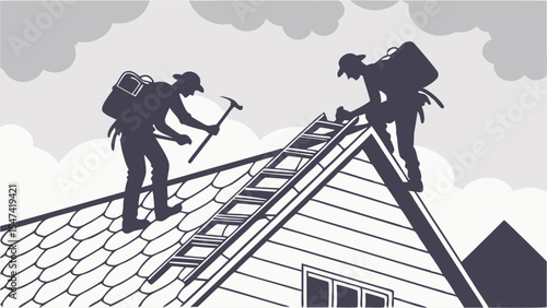 Two professional silhouetted roofers installing shingles on a residential roof with a ladder and hammer. Monochrome illustration of home construction and repair services.