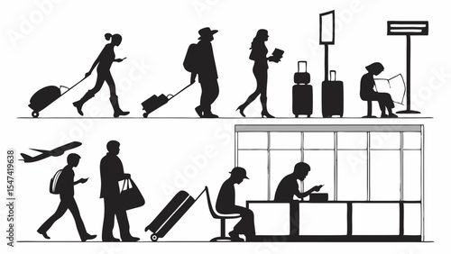 Black and white silhouette illustration of diverse airport travelers walking with luggage, checking in, and waiting at the terminal gate for their flights, depicting modern air travel