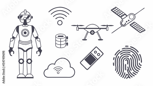 Monochromatic line art icons of modern technology concepts including AI robot, drone, satellite, cloud, data, WiFi, and biometric security. Digital future tech.