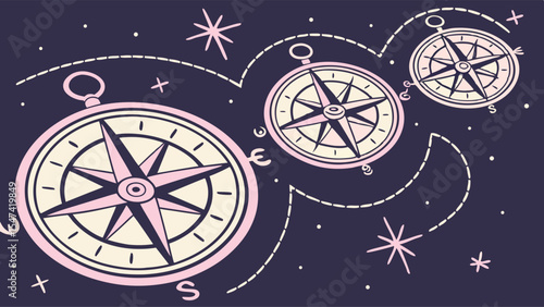 Three vintage style pink and cream compasses with stars and dotted lines on a dark blue background, symbolizing navigation, journey, and exploration.