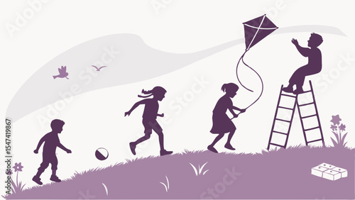 Vibrant purple silhouette illustration of children playing with a kite and ball on a scenic outdoor hill, symbolizing childhood joy and freedom.