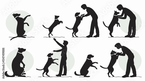 Eight black silhouette illustrations of owners training dogs, depicting various poses like jumping, sitting, and standing on hind legs, in a minimalist graphic style.