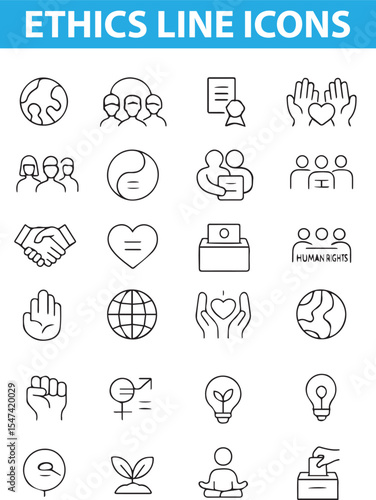 Ethics Line Icons,  Justice, Integrity, Fairness, Morality, Honesty, Responsibility,  equal rights, integrity badge Delivered in editable EPS, Ai, jpg  and transparent PNG formats.


