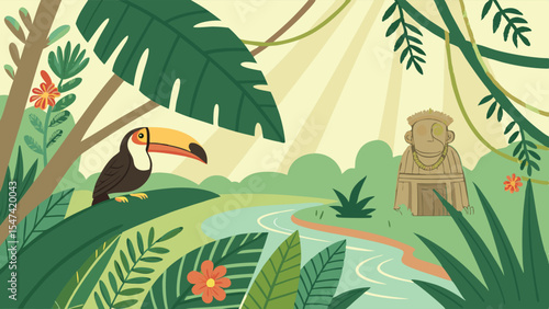 Vibrant tropical jungle illustration with a toucan on a leaf, flowing river, and ancient stone statue under sun rays. Flat design rainforest adventure.