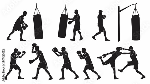 Professional Boxing and Martial Arts Training Silhouettes Vector Set Athletes Punching Kicking and Working Out with Heavy Bags Sport Graphics