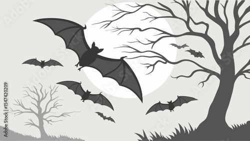 Creepy Halloween night illustration with flying bat silhouettes and bare trees against a bright full moon. Spooky black and white autumn vector art.