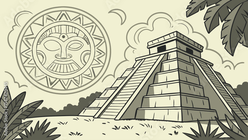 Monochrome illustration of ancient Mayan Chichen Itza pyramid El Castillo and sun god. Detailed hand-drawn jungle scene, historical Mexico Yucatan travel art.