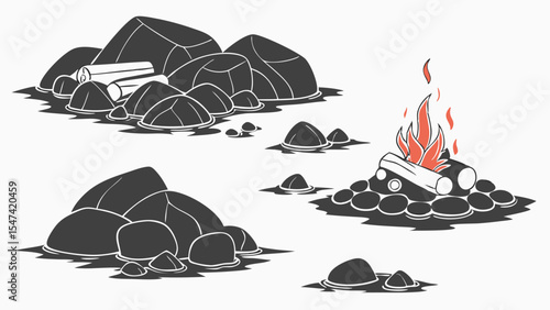 Vector illustration of a lit campfire with logs and a rock ring, surrounded by various piles of dark stones and wood, perfect for outdoor camping designs.