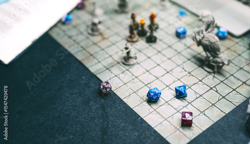 Quadro em tela Role playing tabletop board game concept dice roll adventure in dungeon story ol