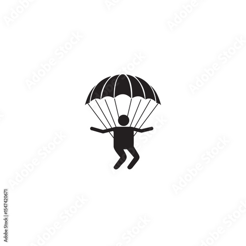 Parachuting skydiver silhouette descent with parachute minimalist vector graphic design