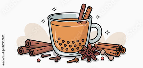 Delicious Cinnamon Boba Tea with Spices Illustration