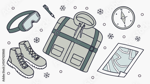 Winter outdoor adventure gear flat illustration. Essential cold weather equipment including goggles, boots, jacket, compass, map, and snowflakes for travel.