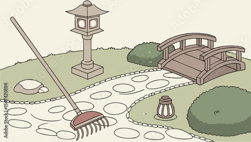 Minimalist Japanese Zen garden illustration with a rake creating patterns in sand, featuring a stone lantern, wooden bridge, and stepping stone path. Tranquil outdoor scene.