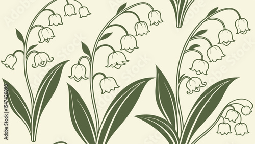 Elegant vintage Lily of the Valley floral line art illustration. Botanical spring flower outline design with green leaves on a light background, perfect for decorative patterns.