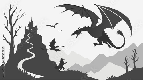 Powerful flying dragon silhouette dominates a dark fantasy landscape with a medieval castle, brave warrior, bare trees, and mountains vector art.