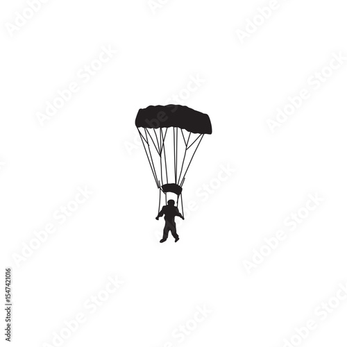 Black silhouette of a skydiver with a parachute against a white background