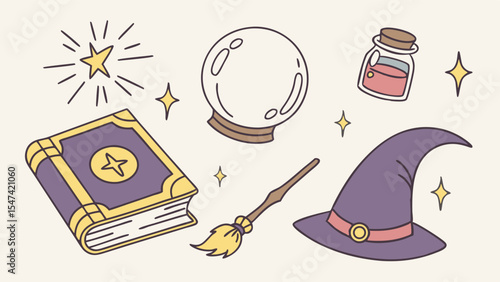 Charming cartoon witch and magic items illustration set. Purple spell book, pointed hat, crystal ball, potion, broomstick, sparkling stars. Simple pastel style.