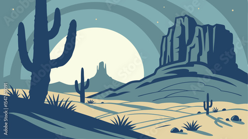 Desert Night Landscape Design Featuring Cactus and Rock Arch Silhouette