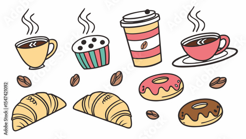 Hand-drawn coffee shop breakfast set with steaming cups, takeaway cup, muffins, croissants, donuts, and scattered coffee beans on white.