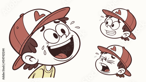 Cartoon boy character in a baseball cap with a heart symbol displaying diverse emotions like joyful laughter, tears, anger, and sadness in animated style.