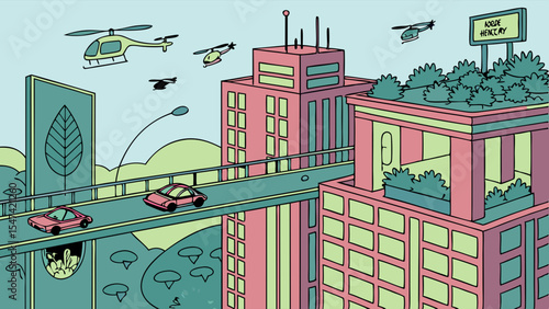 Vibrant pastel illustration of a futuristic smart city showcasing sustainable green architecture, elevated autonomous cars, flying drones, and modern urban infrastructure.
