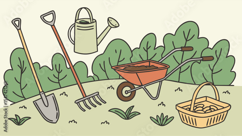 Vibrant flat illustration featuring essential gardening tools a shovel, rake, watering can, wheelbarrow, and basket, set in a lush green outdoor garden.