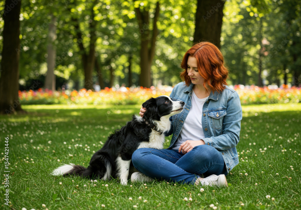 Fototapeta premium Woman gently stroking Border Collie dog in park
