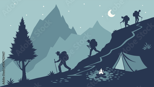 Dark blue silhouette vector art of night mountain trekking. Backpackers hike a scenic path with a tent, campfire, stars, and moon. Outdoor adventure illustration.
