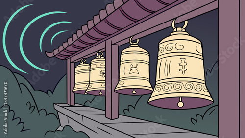Serene Night Scene with Four Ornate Golden Temple Bells Ringing on a Traditional Asian Buddhist Shrine, Peaceful Zen Meditation Cartoon Illustration
