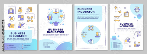 Business incubators blue gradient brochure layout. Strategy, planning. Leaflet advertising design with color line icons. Editable 4 pages. Arial-Bold, Myriad Pro-Regular fonts used