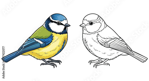 Eurasian Blue Tit Coloring Page with Realistic and Outline Birds Garden Bird Art Activity