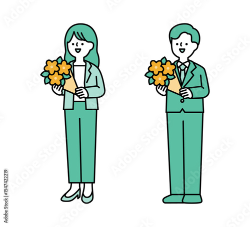花束を持っている笑顔のビジネスパーソンの全身イラスト素材