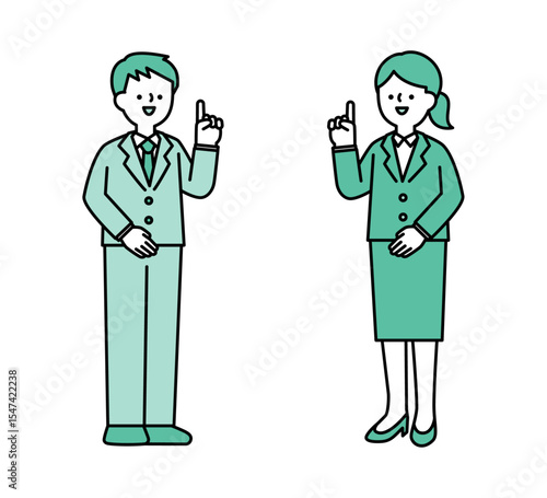 笑顔で説明しているビジネスパーソンのシンプルな全身イラスト素材