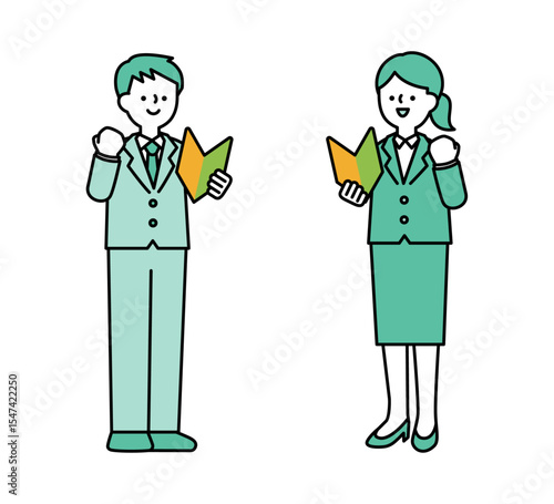 初心者マークを持ってガッツポーズをするビジネスパーソンの全身イラスト素材
