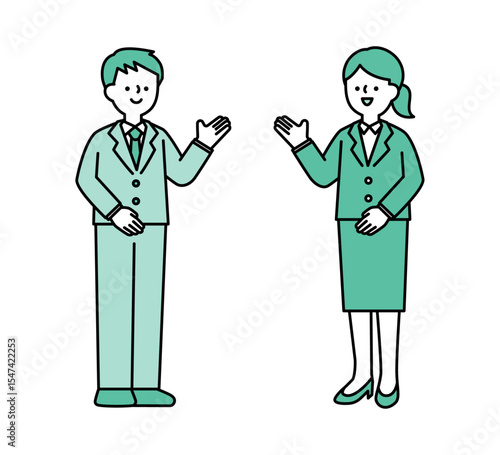 笑顔で話すビジネスパーソンのシンプルな全身イラスト素材
