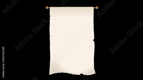 Unrolled scroll with alpha channel. Animation of old paper scroll on a transparent background.
