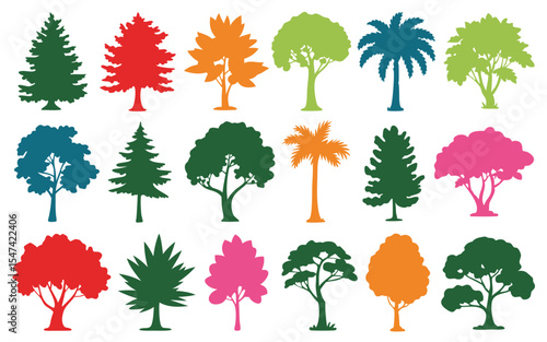 Colorful Assortment of Silhouetted Trees Pine, Palm, Maple, and Other Arboreal Shapes