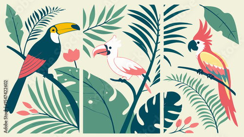 Colorful flat design illustration of exotic tropical birds a toucan a pink cardinal and a vibrant macaw amidst lush green jungle leaves and rainforest foliage