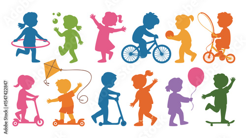Colorful Silhouette Children Playing Outdoor Games Biking, Scootering, Flying Kite, Skateboarding, Hula Hoop, and More!