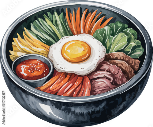 A watercolor illustration of bibimbap in a traditional stone bowl with neatly arranged vegetables, beef, fried egg, and gochujang sauce