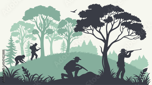 Evolution of Human Hunting Silhouettes. Prehistoric to Modern Hunters in a Layered Forest Landscape. Green and Grey Nature Illustration.
