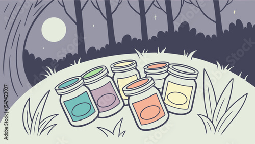 Whimsical cartoon illustration of colorful jars on a grassy hill at night under a full moon, with dark trees in the background.