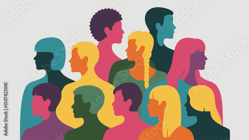 Colorful Silhouette Portraits of Diverse People Standing Together with Unique Hairstyles and Skin Tones