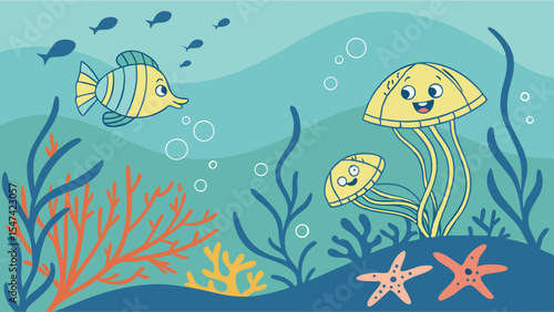Cute cartoon underwater blue ocean scene with smiling yellow fish, happy jellyfish, colorful coral, starfish and seaweed, perfect for children's marine life illustration.