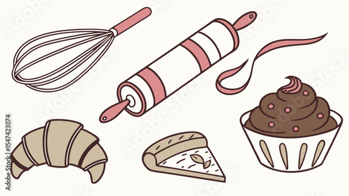 Charming Pink and Brown Baking Tools and Sweet Pastries Vector Illustration Set Whisk, Rolling Pin, Cupcake, Croissant, Pie Slice, Dessert Art Collection