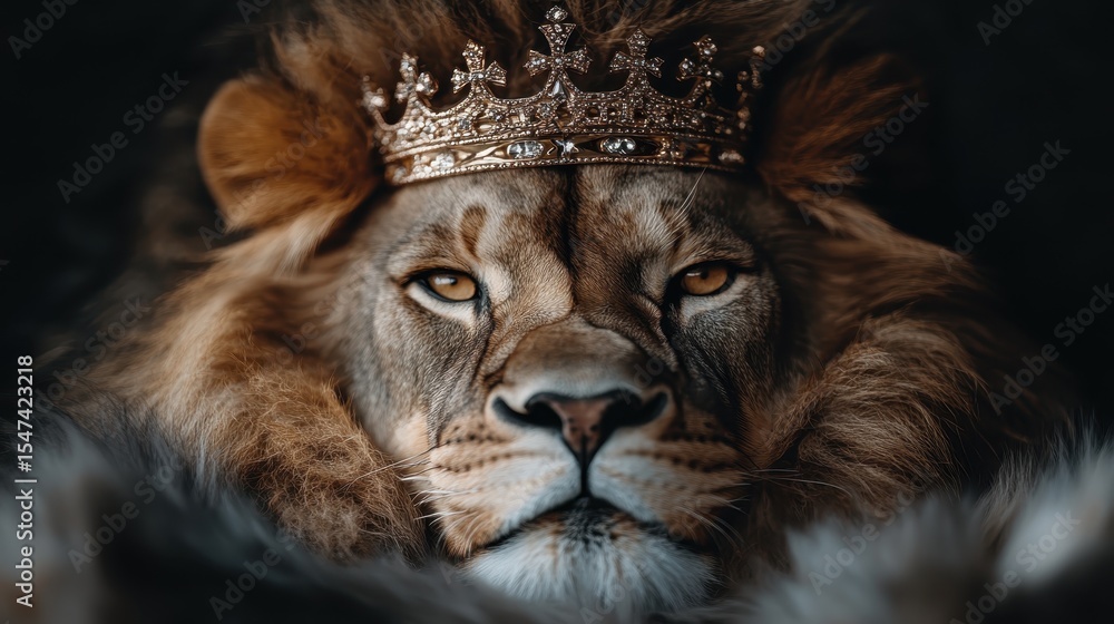 Fototapeta premium A striking image of a lion wearing a golden crown, gazing majestically into the distance, evoking a sense of power, nobility, and the wild beauty of nature's fiercest predator.