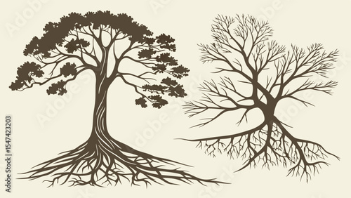 Vintage nature illustration featuring two detailed tree silhouettes. One with lush leaves and strong exposed roots, the other a bare, gnarled tree with intricate branches.